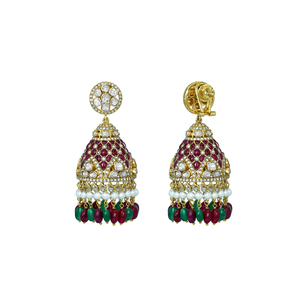 Polki Jhumka Earrings with Ruby Colourstone, Emerald, and Pearls